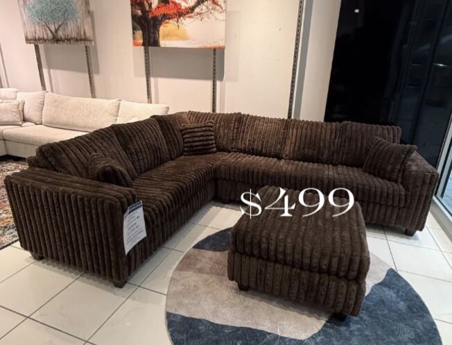 Dark Brown Sectional Sofa Fur Corduroy With Ottoman Brand New