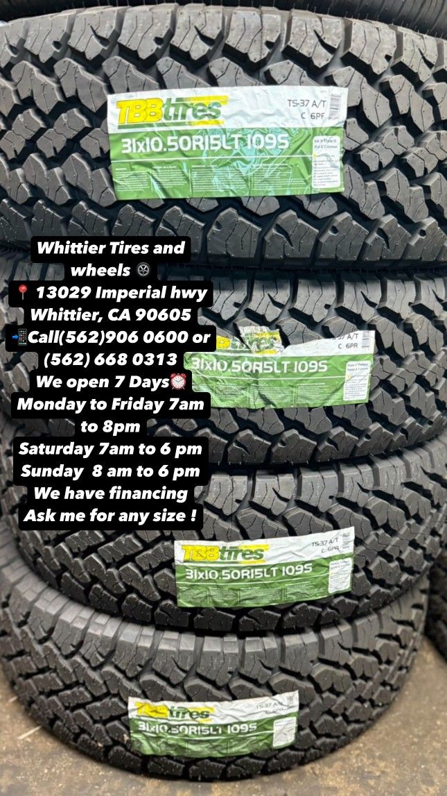 31X10.50R15 TBB AT SET OF NEW TIRES , INCLUDING MOUNTING AND BALANCING. ASK ME FOR ANY SIZE OR BRAND