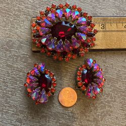 Large Rhinestones Brooch & Clip Earrings 