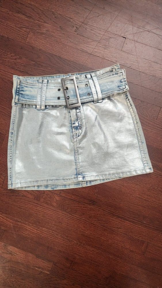 Denim Foil Micro Mini Light Wash Skirt