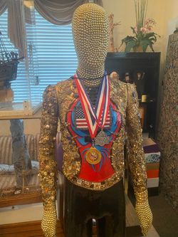 $5,900.00 Amazing statue, sculpture, created with thousands of gold colored pens & jewelry