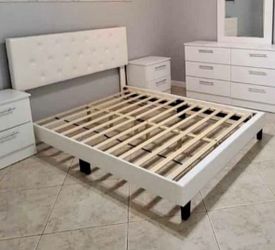 White Upholstered Platform Bed Frame