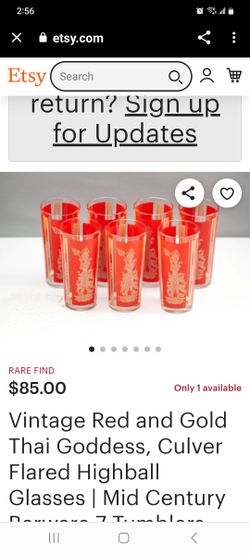 Vintage Red and Gold Thai Goddess, Culver Flared Highball Glasses | Mid Century Barware 8 Tumblers

