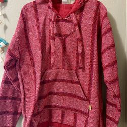 Red Striped BAJA Shirt Woven Mexican Hoodie Surfer Pullover Adult M or L