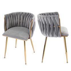 Modern Barrel Dining Chair Set of 2, Velvet Chair with Gold Metal Legs, Grey