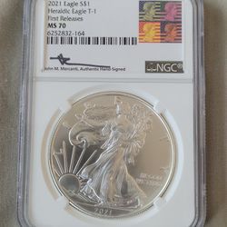 2021 Silver Eagle Heraldic Eagle T-1 MS70 Signed John M Mercanti Authentically hand signed
