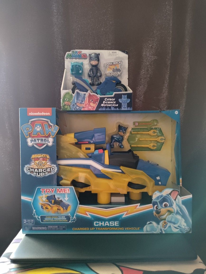 Paw Patrol Chase Transforming Vehicle Toy and PJ Mask Catboy Motorcycle 