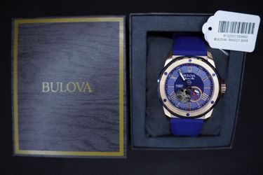 Bulova Marine Star Automatic Rose Gold 98A227 Tone Blue Dial Silicone Band Watch