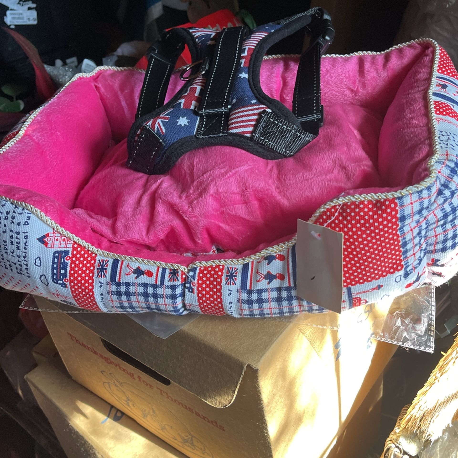 Small dog bed with reversible, pillow and harness
