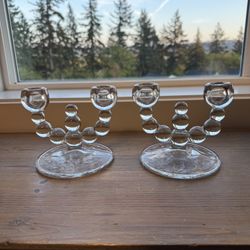 Pair of Vintage Art Deco Etched Glass Candlesticks | Nine Bubble Balls | Double Candlestick Holders | MCM