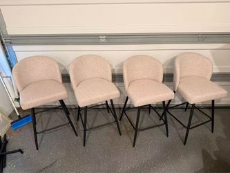 Set of 4 Sand Upholstered Counter Height Bar Stools with Backrest and Metal Legs