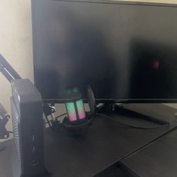 Mini PC, 24” Onn Monitor, RGB USB Microphone With Boom Arm, and USB Webcam 