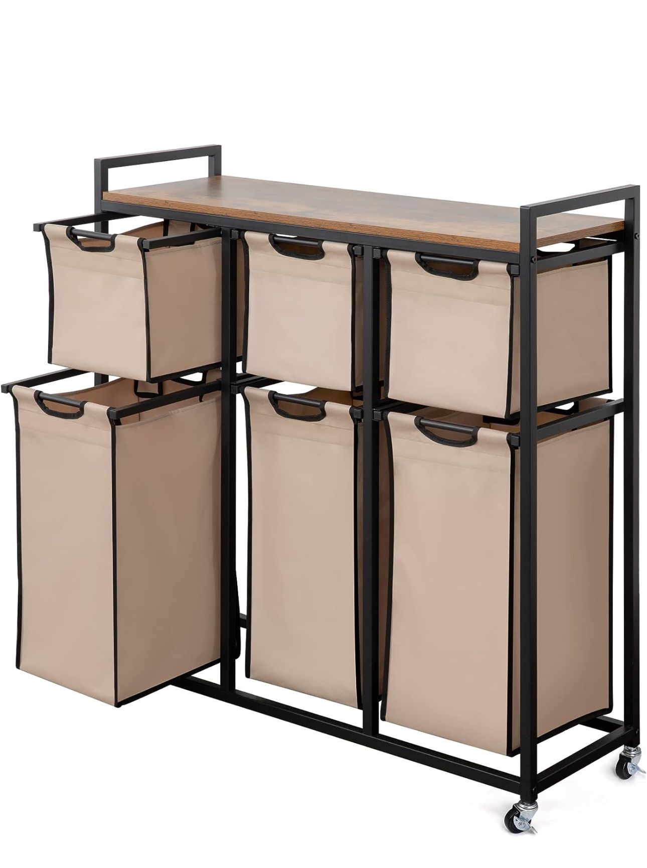 Suntage Laundry Basket Organizer, Hampers for Laundry 6 Compartments, Laundry Hamper with 6 Sliding Laundry Sorter Bags, Top Storage Shelf, and Metal