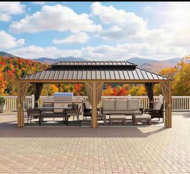22 ft. x 12 ft. Double Roof Hardtop Aluminum Patio Gazebo with Netting and Brown Curtains