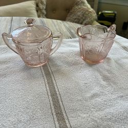 Vintage “1930’s” Jeanette Pink Depression Glass Cherry Blossom Design Creamer and Sugar Bowl with Lid