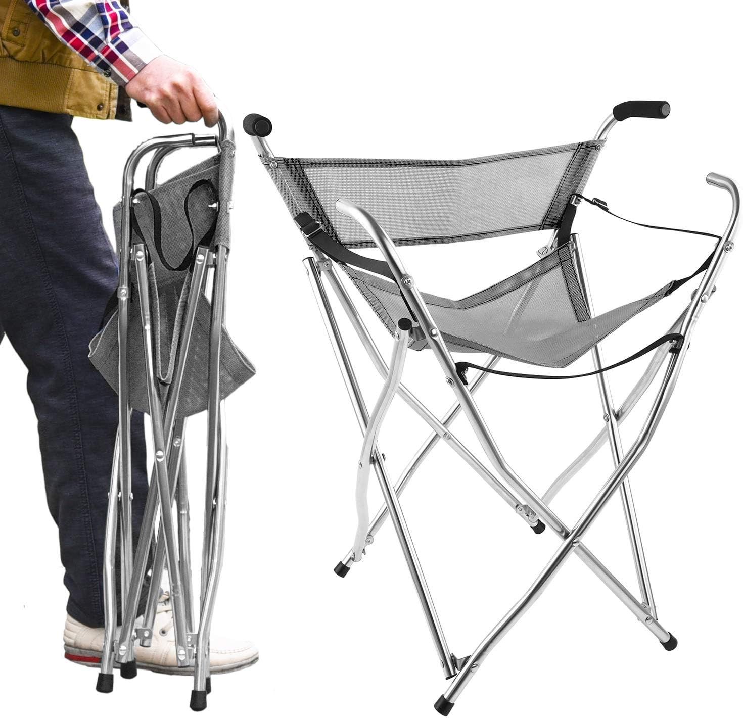 Freshore Walking Stick Chair Seat - Folding Camping Cane Portable Stool Heavy Duty Aids for Seniors ( L Size Grey)