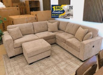 4-pc sectional sofa with ottoman USB ports camel, dark grey, grey, chocolate fur-like jumbo corduroy