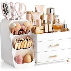 HBlife Makeup Organizer with Brush Holder for Vanity, Large Plastic Bathroom Countertop Organizer Skin Care Storage, Easy to Store Lipsticks, Nail Pol