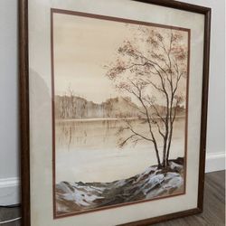 Original watercolor Japanese style painting “tree near lake”
