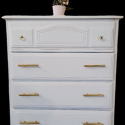 White dresser Solid Wood - Tall- 4 drawers (new  gold handles)