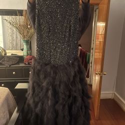 Black Feathered & Bedazzled Prom Dress