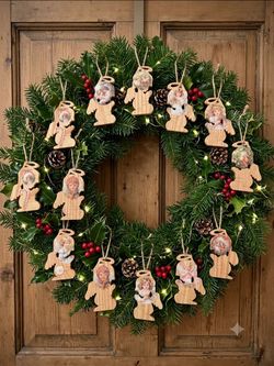13 Rustic Wood Angel Halo Hanging Christmas Ornaments, Vintage Pattern, 3x2 in
