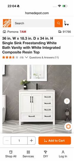 36 in. W x 18.3 in. D x 34 in. H Single Sink Freestanding White Bath Vanity with White Integrated Composite Resin Top