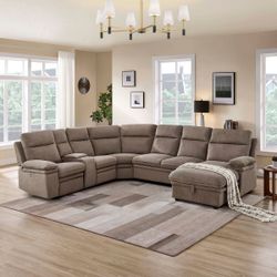 Brand New Taupe Chenille Power Recliner Sectional Sofa with Sleeper Storage Chaise & Console