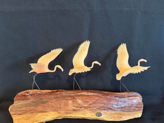 John Perry Three Flamingos on Burl Wood Base