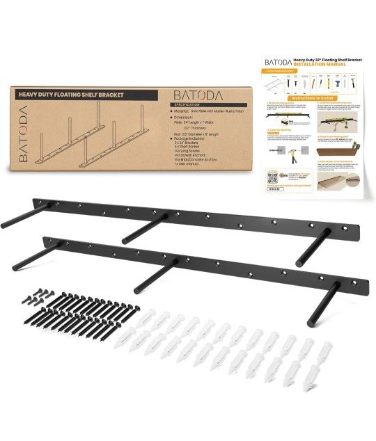 BATODA 32" Heavy Duty Floating Shelf Bracket (2 pcs) – Solid Steel Blind Shelf Supports - Hidden Brackets for Floating Wood Shelves Kitchen, Living Ro