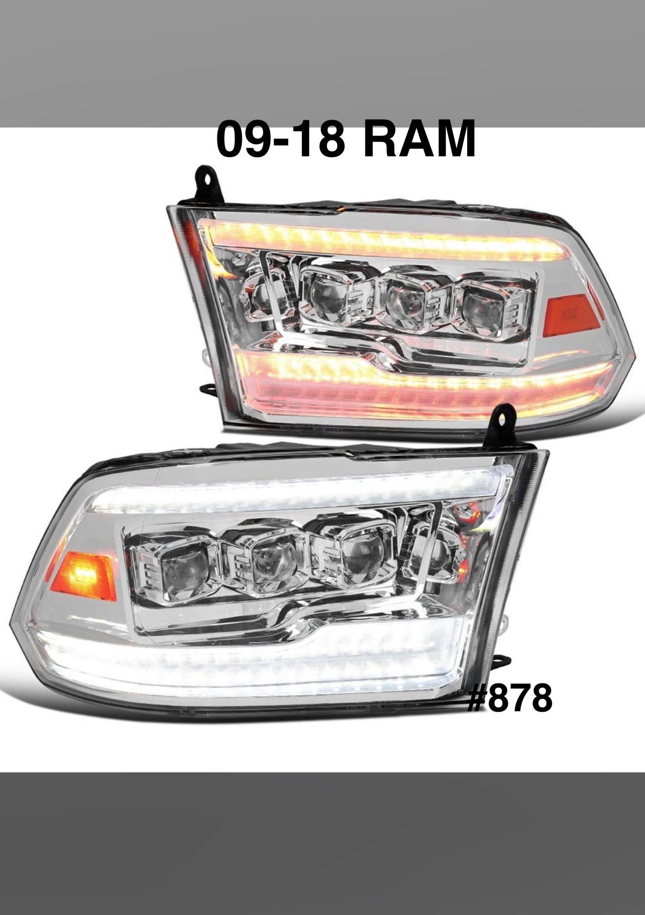 2009 TO 2018 Dodge Ram Dual LED DRL/Switchback Turn Signal Tri-Projector Headlights - Chrome