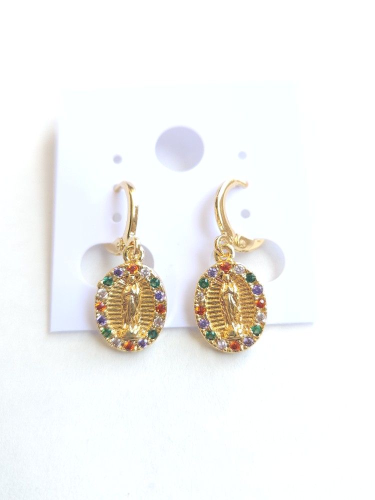 Multi-color Gold Plated Virgen De Guadalupe Earring