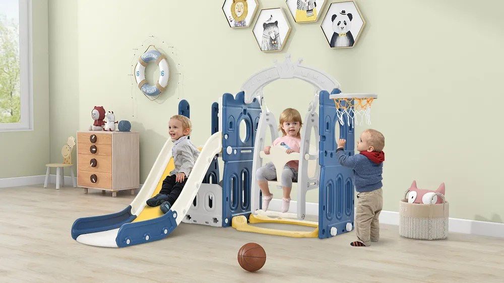 62” Blue Freestanding Toddler Slide & Swing Set - 5 in 1 Playground Climber Playset with Basketball Hoop [NEW] **Assembly Req** 