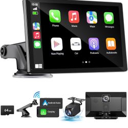 Wireless Apple Carplay Screen for Car 4K Dash Cam, 9" Portable Apple Carplay & Android Auto Car Stereo, with 1080p Backup Camera, GPS Navigation/Mirro