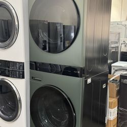 LG WashTower Stacked Smart Laundry Center Front Load Washer And Electric Dryer In Nature Green 