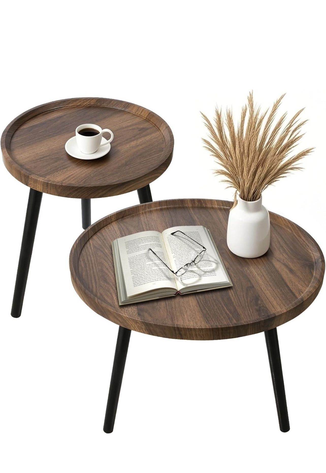Nesting Coffee Table Set of 2, Modern Round Coffee Tables Nesting Side Table Set, Easy Assembly Nesting Tables for Living Room, Walnut Wood End Tables
