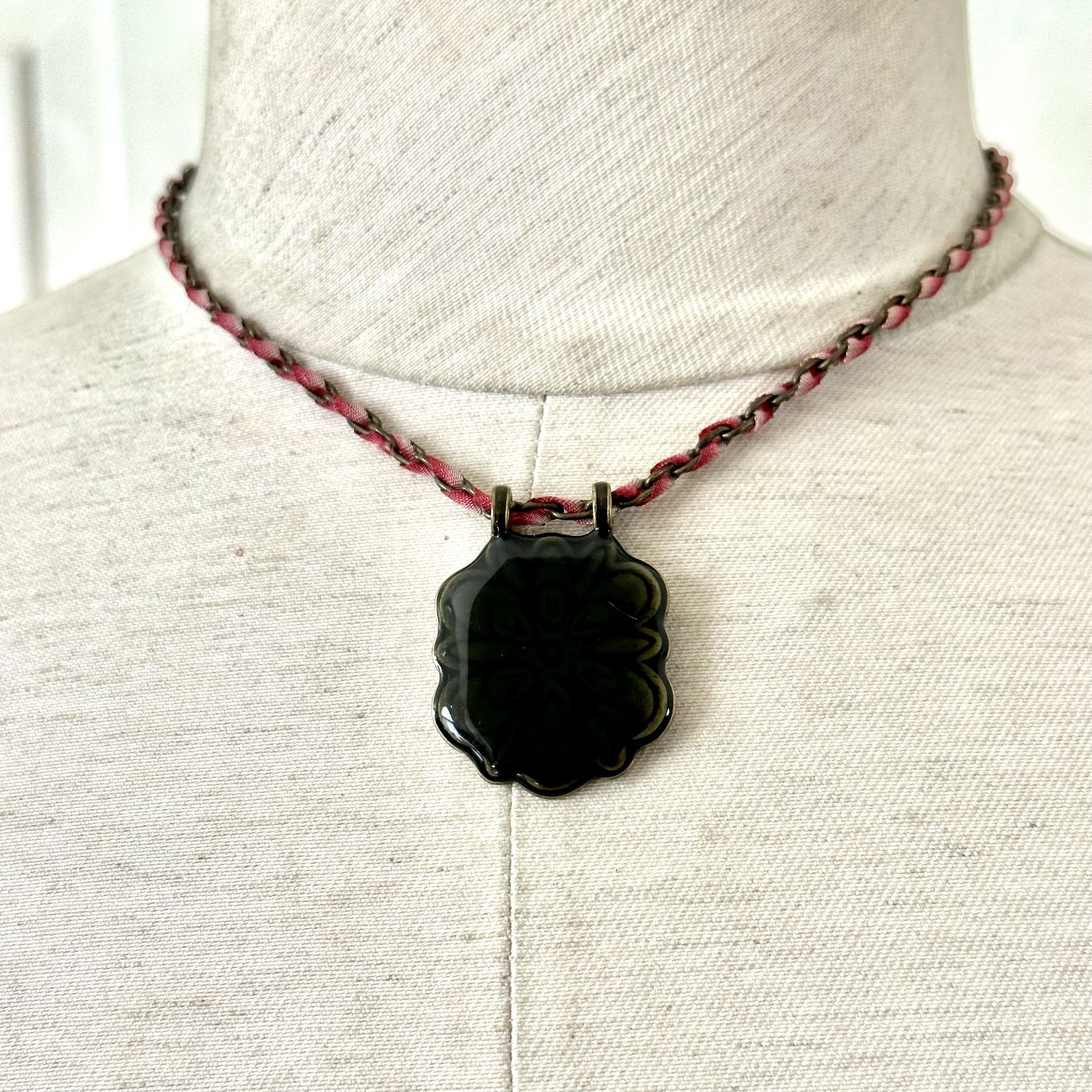 Enamel Pendant Necklace With Ribbon Chain