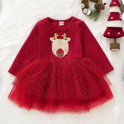 Girls Dress Long Sleeve Christmas Deer Sparkling Sequin Tulle Tutu Dresses 12-18 Month