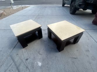 Set of 2 Luxury Square Side Tables – Heavy Stone Top / Espresso Wood Frame