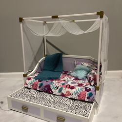 American Girl All Set For Sleepovers Canopy Bed With Trundle- Retired Bedding, Excellent Condition