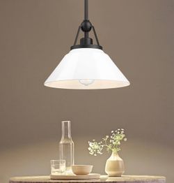 White Pendant Light Fixture, HWH Modern Kitchen Island Light Fixtures 12 Inch, 1-Light Hanging Lighting for Dinning Room Schoolhouse, Black Metal and 