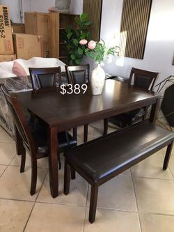 6-pc dining table set with bench espresso finish