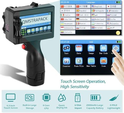 Handheld Inkjet Printer Gun Z10 Printing Height 0.08 0.5 Inch Inkjet Coder with Original Fast Drying Ink for Text QRCode/Barcode/Batch Number/Label/Im