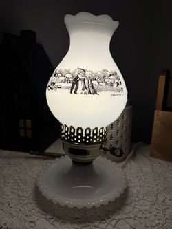 Currier & Ives Milk Glass Hurricane Lamp