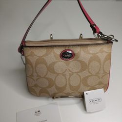 New Coach Khaki / Strawberry Zip Wallet Wristlet :