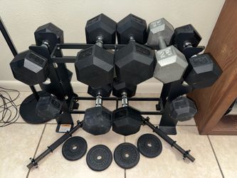 Home Gym Dumbbell Set w/ Rack, Adjustable Handles & Plates