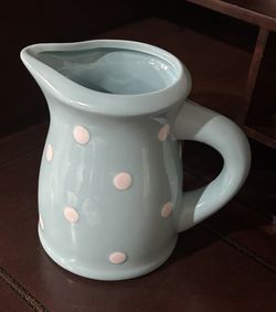 Adorable Turquoise Ceramic Pitcher With White Polkadots