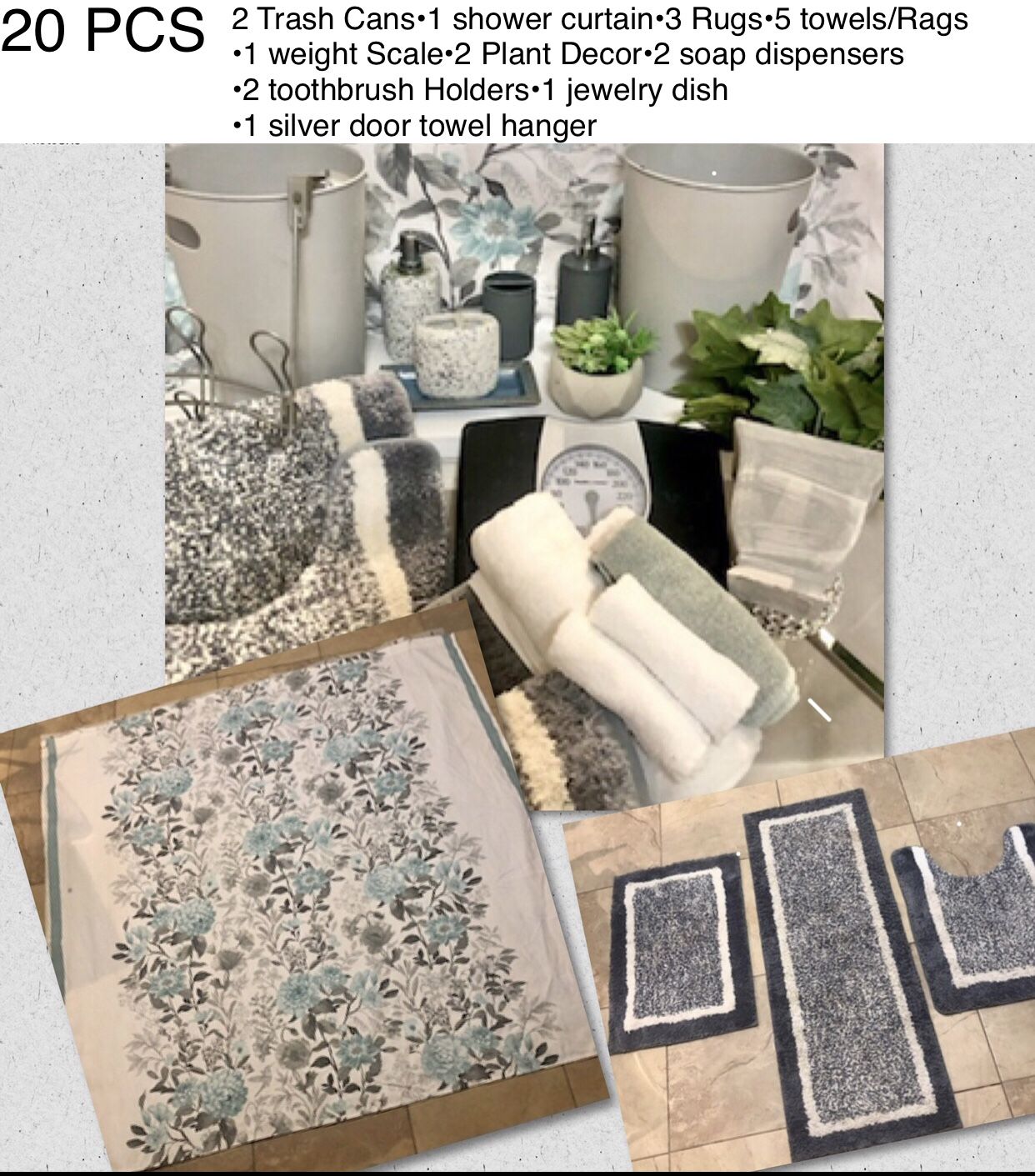 20 PC Ultimate Grey,Blue & White Bathroom Set Bundle