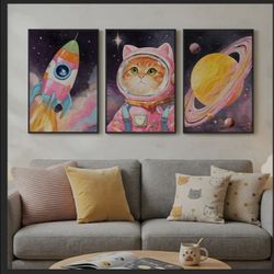 3-Piece Cat Astronaut Space Wall Art – 16x24 Each – Kids Room Decor