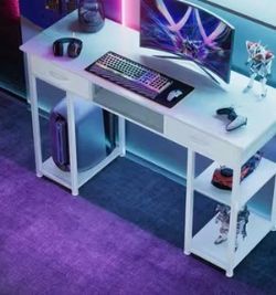 White Gaming Desk with Shelves and Drawer